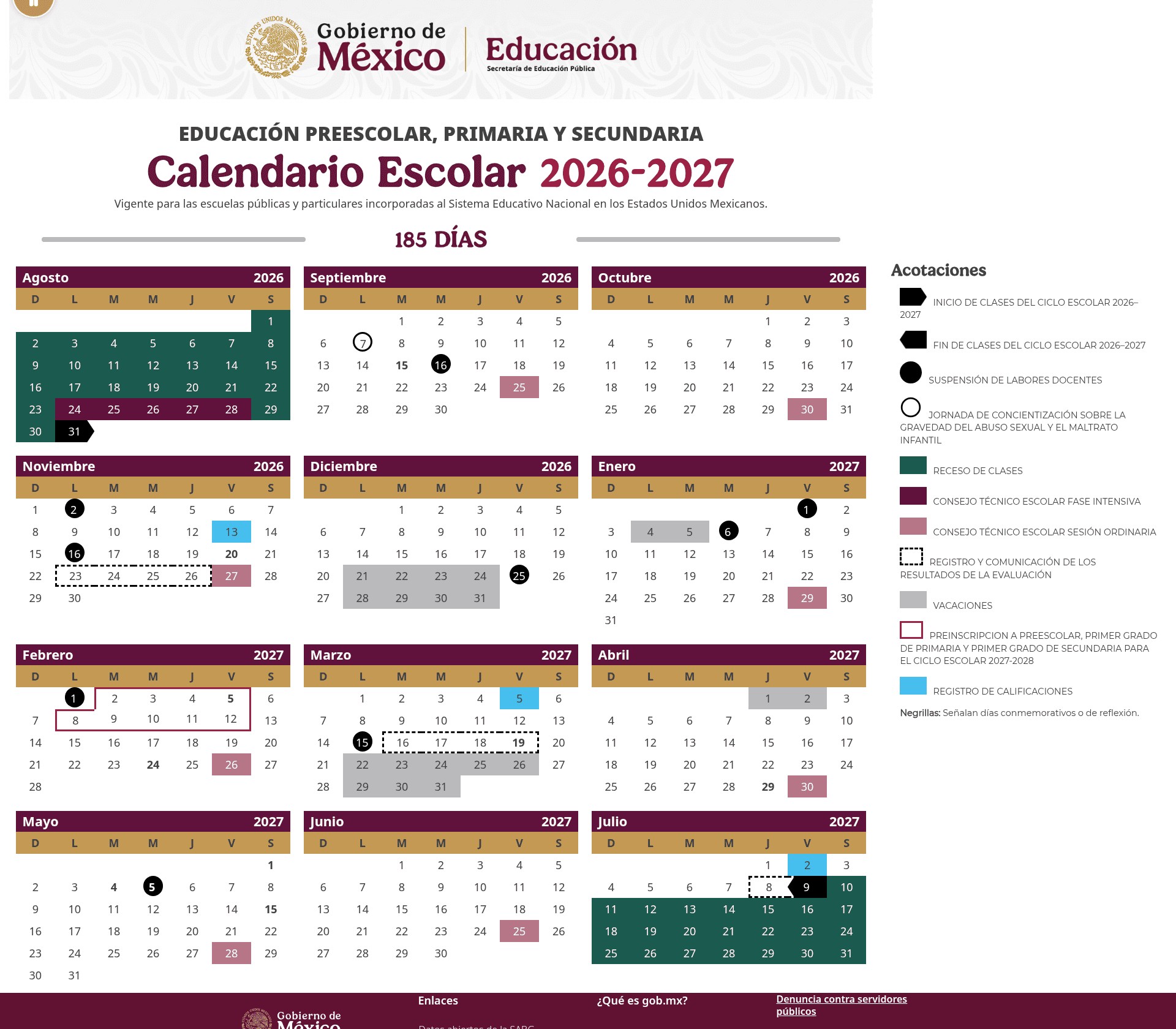 Calendario escolar oficial SEP 2026-2027 para educación básica